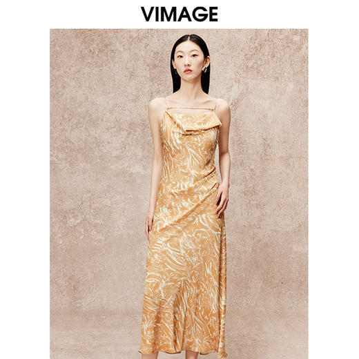 VIMAGE纬漫纪秋季新款印花设计感收腰吊带连衣裙V2207813 商品图0