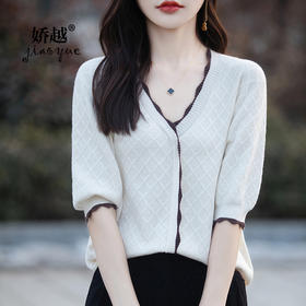 QHJY-JY992棉线假开衫女短袖2024春夏新款V领针织衫宽松薄款上衣T恤打底衫