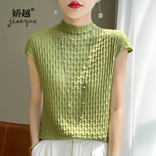 QHJY-JY1188夏季冰丝无袖针织背心半高领纯色修身显瘦上衣立体压褶短袖体恤女 商品图0