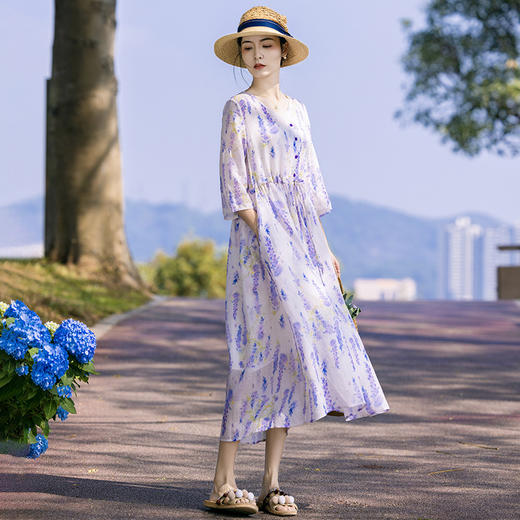 丁摩 新中式棉麻女装苎麻连衣裙春夏V领复古a字裙4ZF-96154 商品图2