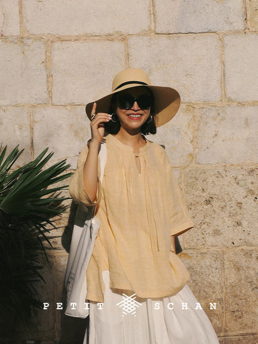 PETIT SCHAN小闪 CLO#549 Sample Tea 得闲饮茶 西柚橙色织纯亚麻改良新中式盘扣小衫 商品图0