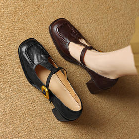 【预售5天】法式复古方头丁字扣带玛丽珍鞋女粗跟文艺气质晚晚风舒适单鞋NGMZR&7901