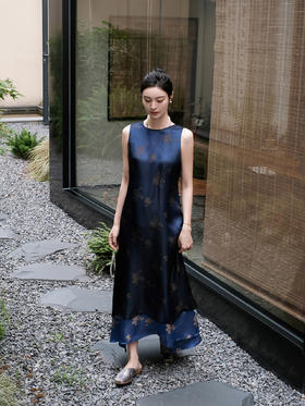 盛唐牡丹 |孔雀蓝菊花纹真丝绡长款三穿马甲