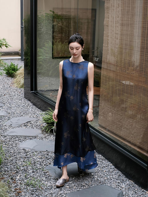 盛唐牡丹 |孔雀蓝菊花纹真丝绡长款三穿马甲 商品图0