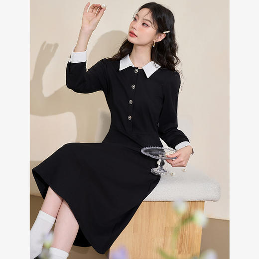法式浪漫赫本风优雅针织连衣裙女秋季甜欲少女撞色连衣裙V3342207 商品图4