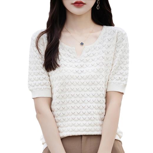 QHJY-JY1064全棉圆领针织衫T恤女2024夏季薄款短袖t恤洋气鸡心领气质棉短袖女 商品图4