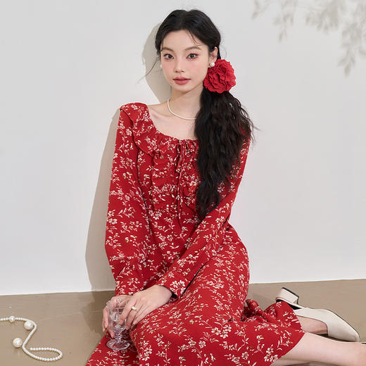 法式浪漫复古荷叶边碎花裙女早春显白显瘦U领长袖连衣裙V3042262 商品图2