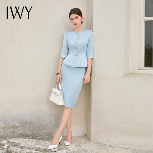 IWY/新款蓝色七分袖职业装气质女神范西装套装时尚高端两件套CS2028 商品图0