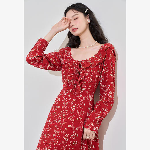 法式浪漫复古荷叶边碎花裙女早春显白显瘦U领长袖连衣裙V3042262 商品图3