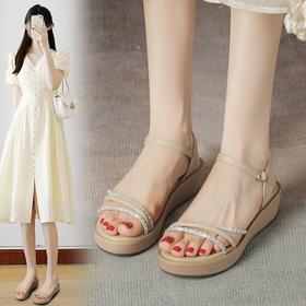 一字带水钻凉鞋女2024夏季新款时尚仙女高跟鞋ins潮百搭时装凉鞋