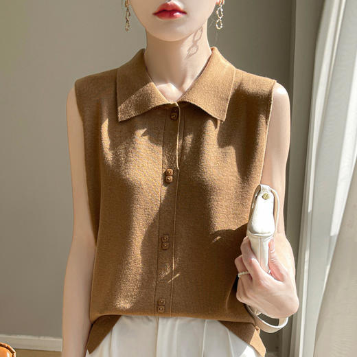 QHJY-JY1086新款POIO领无袖精纺羊毛针织女打底衫纯色翻领内搭叠穿针织背心 商品图1