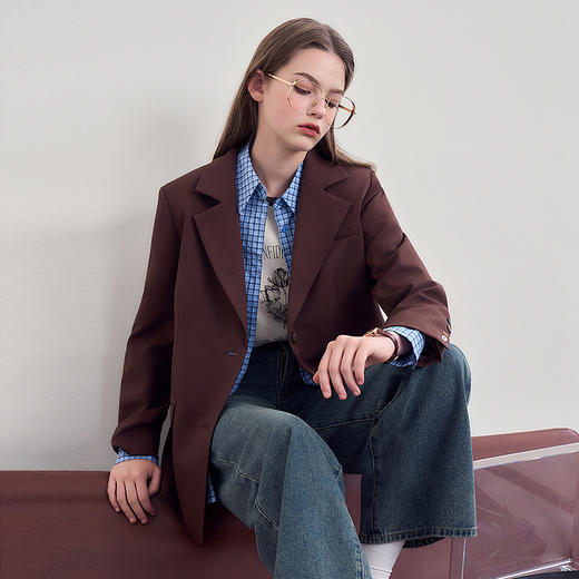 西遇咖色西装外套女新款宽松翻领垫肩正装休闲西服D3342232 商品图2