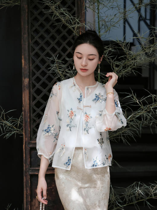 盛唐牡丹 |欧根缎手推绣一字扣外套 商品图0