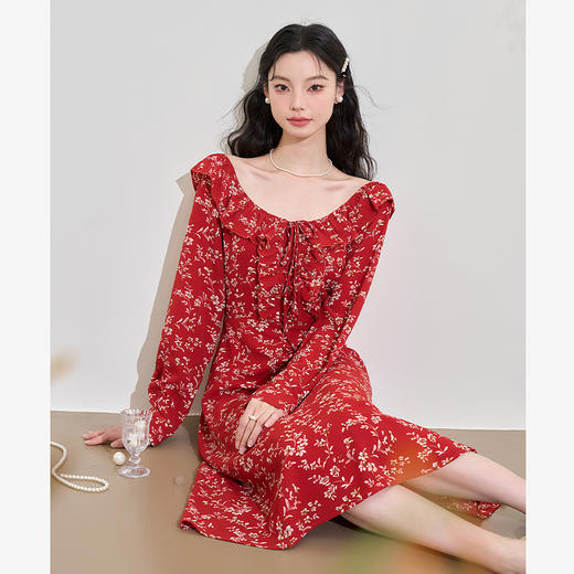 法式浪漫复古荷叶边碎花裙女早春显白显瘦U领长袖连衣裙V3042262 商品图1