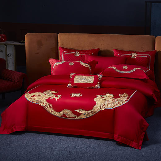 自然醒160s长绒棉臻棉系列婚庆四件套高端刺绣大红色结婚陪嫁多件套床品GDS 商品图1