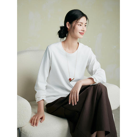 棉仓356601003-奶霜棉100%长绒棉打底衫女24秋微宽松高阶航海刺绣内搭T恤女 商品图0