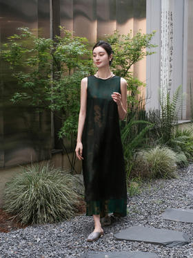 盛唐牡丹 |孔雀绿龙纹真丝绡长款三穿马甲