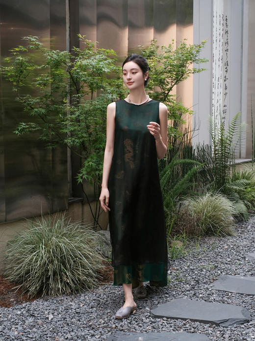 盛唐牡丹 |孔雀绿龙纹真丝绡长款三穿马甲 商品图0