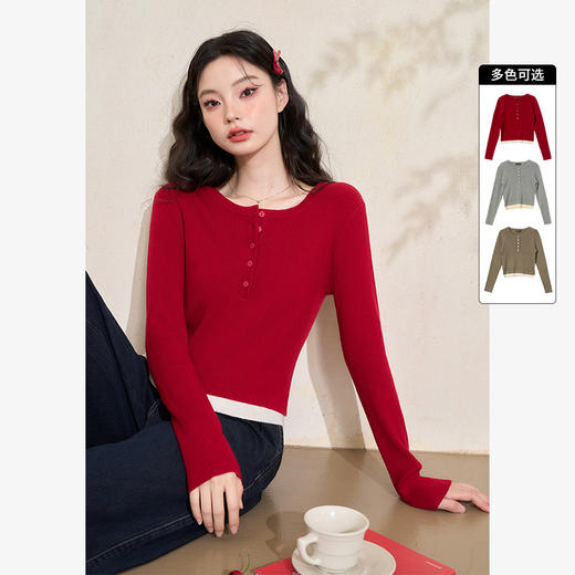 西遇长袖修身针织衫女新款薄款显瘦假两件短款上衣D3342260 商品图0