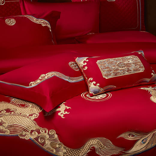 自然醒160s长绒棉臻棉系列婚庆四件套高端刺绣大红色结婚陪嫁多件套床品GDS 商品图4
