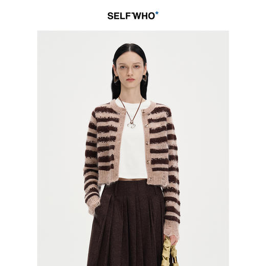SELFWHO咖色丝光马海毛混纺毛针织衫女2024秋季新款慵懒开衫外套 商品图0