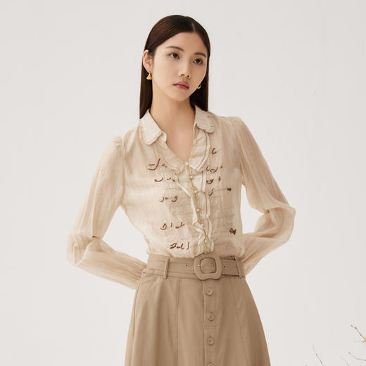 谜底衬衫长袖女2024秋季新品通勤风V领钉珠绣花H型衬衣243MC1098 商品图0