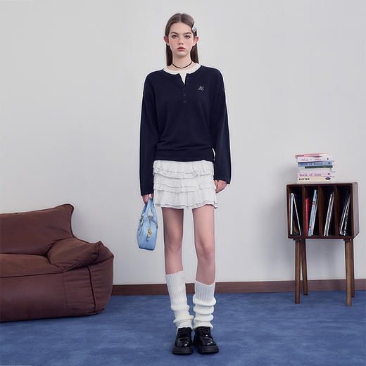 学院风慵懒随性撞色拼接假两件长袖轻薄毛衣女秋季针织衫V3342360 商品图1