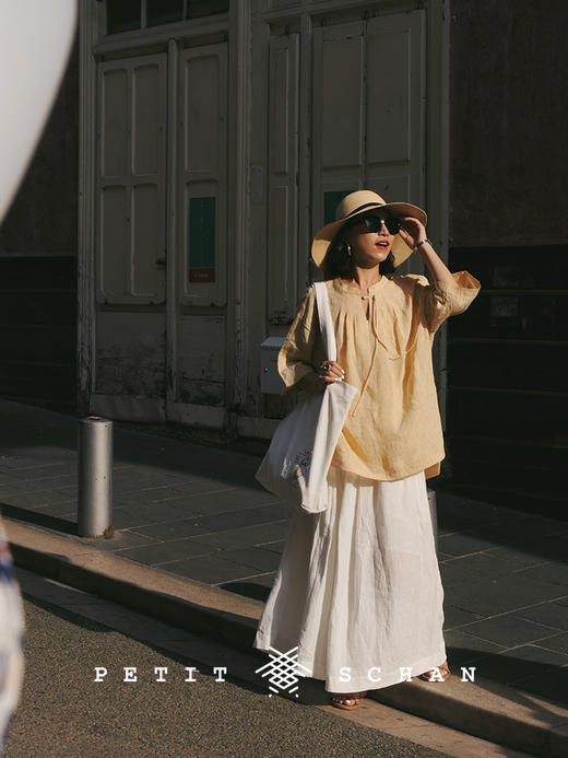 PETIT SCHAN小闪 CLO#549 Sample Tea 得闲饮茶 西柚橙色织纯亚麻改良新中式盘扣小衫 商品图4