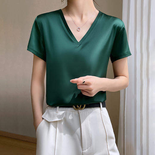 夏季冰丝短袖薄款宽松大码真丝上衣辣妹名媛女装甜美女夏正肩 商品图1