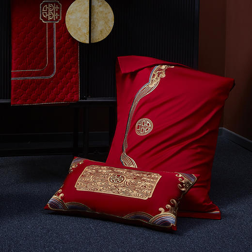 自然醒160s长绒棉臻棉系列婚庆四件套高端刺绣大红色结婚陪嫁多件套床品GDS 商品图8