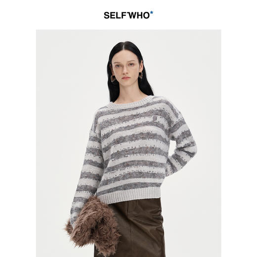 SELFWHO丝光马海毛羊毛混纺毛衣女2024秋季新款圆领套头针织上衣 商品图0