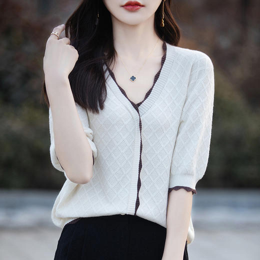 QHJY-JY992棉线假开衫女短袖2024春夏新款V领针织衫宽松薄款上衣T恤打底衫 商品图1