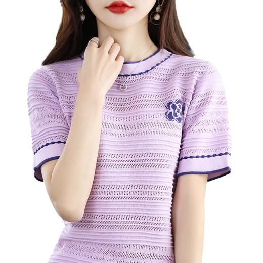 QHJY-JY1029镂空夏新款圆领t恤短袖女上衣时尚全棉线薄款洋气打底棉麻针织衫 商品图4