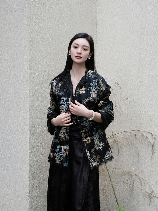 盛唐牡丹 |黑色真丝绡如意湖亭外套 商品图1