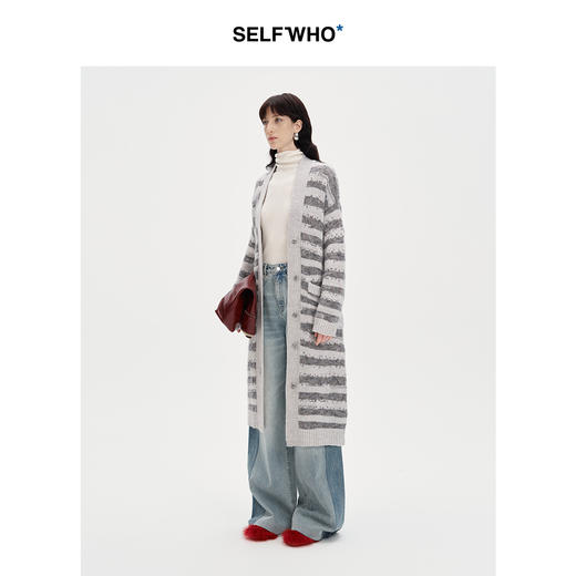 SELFWHO丝光马海毛条纹针织开衫毛衣外套女2024秋季新款长款上衣 商品图1