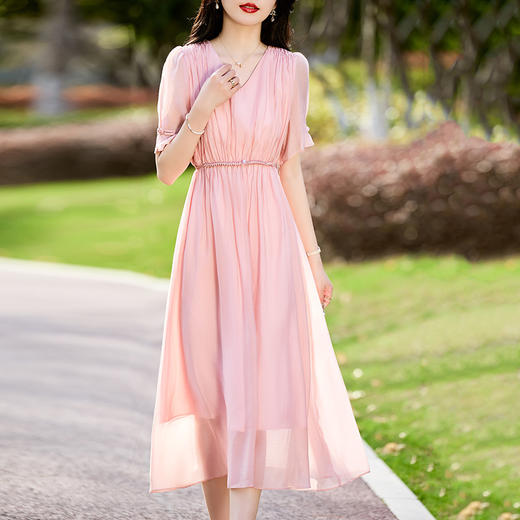 雀说 夏季新款女装纯色V领短袖长款盘扣复古连衣裙4ZF-9016 商品图0