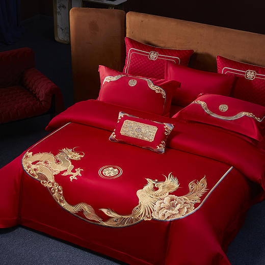 自然醒160s长绒棉臻棉系列婚庆四件套高端刺绣大红色结婚陪嫁多件套床品GDS 商品图3