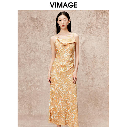 VIMAGE纬漫纪秋季新款印花设计感收腰吊带连衣裙V2207813 商品图1