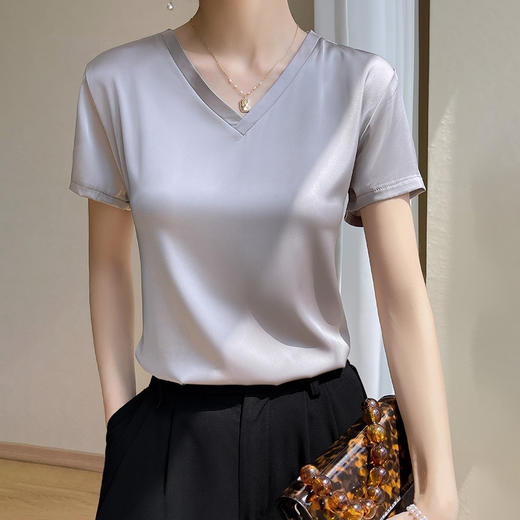 夏季冰丝短袖薄款宽松大码真丝上衣辣妹名媛女装甜美女夏正肩 商品图3