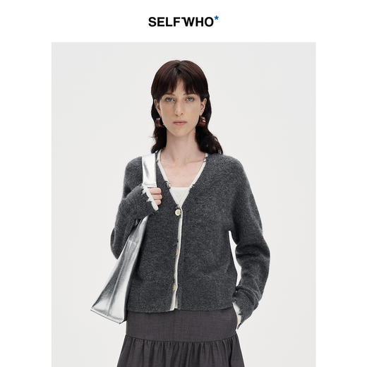 SELFWHO羊驼毛混纺假两件撞色针织开衫女2024秋新款慵懒上衣外套 商品图2