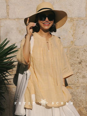 得闲饮茶 西柚橙色织纯亚麻改良新中式盘扣小衫