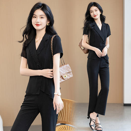 条纹不对称西装上衣+微喇裤，新中式两件套QYM-TB-FD1406 -Y 商品图4