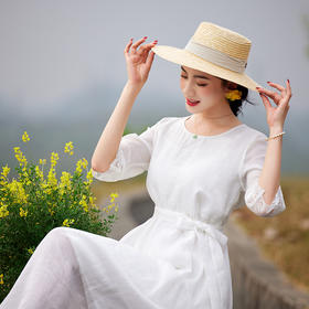 夏款圆领七分袖系带大码蕾丝拼接苎麻连衣裙TT96125