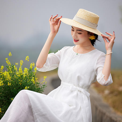 夏款圆领七分袖系带大码蕾丝拼接苎麻连衣裙TT96125 商品图0