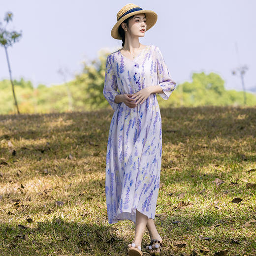 丁摩 新中式棉麻女装苎麻连衣裙春夏V领复古a字裙4ZF-96154 商品图3