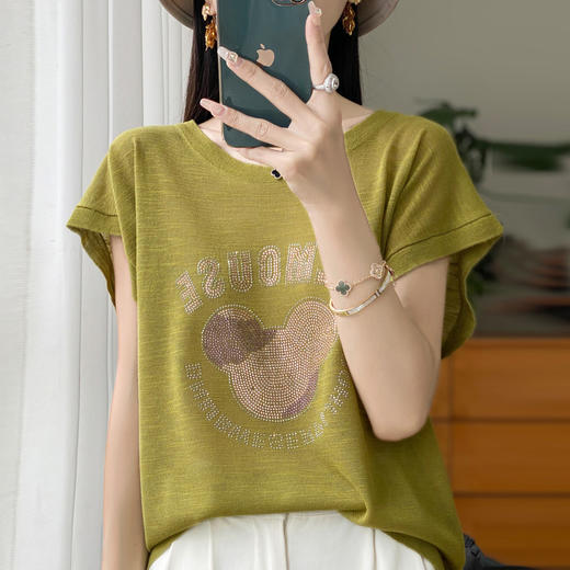 QHJY-JY1189针织短袖女 24新款夏季大码冰丝针织衫烫钻圆领t恤凉感竹节麻上衣 商品图2