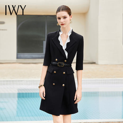 IWY/新款黑色七分袖西装裙高级感双排扣正式场合招待职业连衣裙Q1129 商品图3