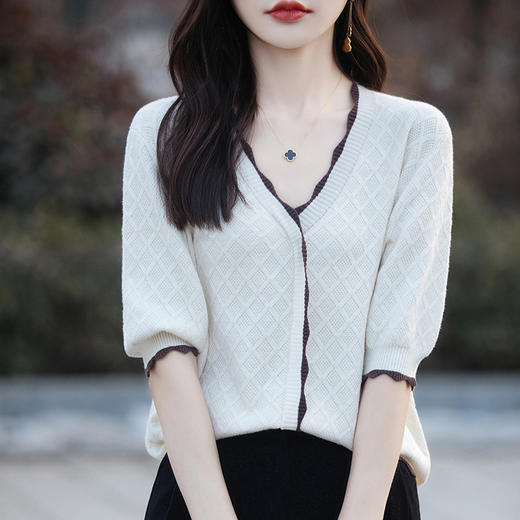 QHJY-JY992棉线假开衫女短袖2024春夏新款V领针织衫宽松薄款上衣T恤打底衫 商品图2