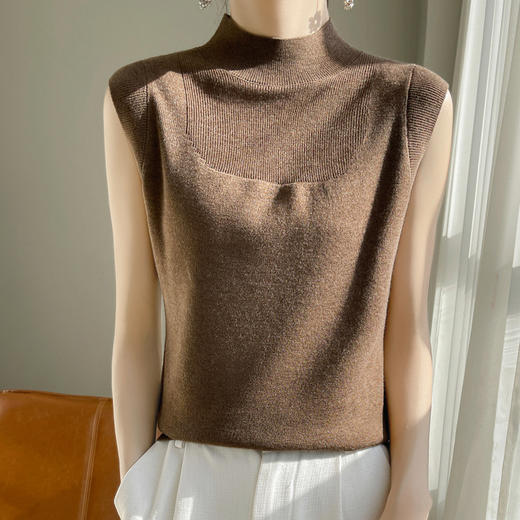 QHJY-1002精纺羊毛背心女内搭砍袖打底衫薄款纯色夏季无袖上衣镂空t恤半高 商品图1