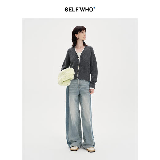 SELFWHO纯棉复古做旧拼接牛仔裤女秋季2024新款宽松百搭阔腿裤子 商品图2